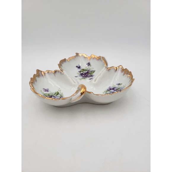 Vintage Kelvin China Leaf Shape Candy Nut Dish Purple Flowers Gold Trim - Picture 2 of 9